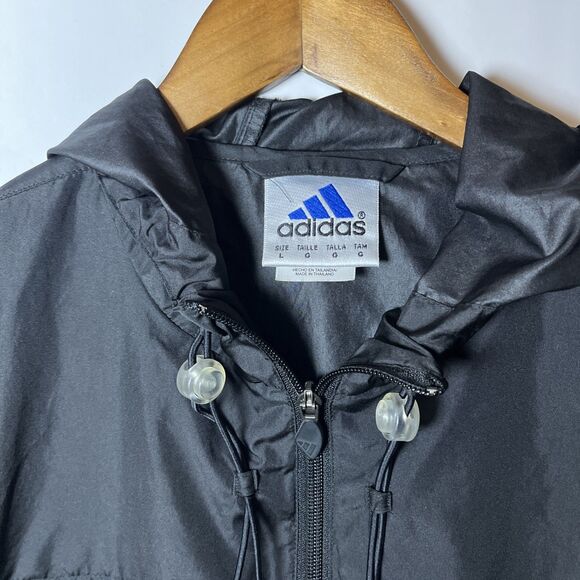 Vintage Adidas 3 Stripes Hooded Windbreaker Jacket Black Men’s Size L - Picture 2 of 4